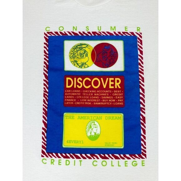 Vintage 90s Consumer Credit College T-Shirt Large White Money Single Stitch - Picture 4 of 10